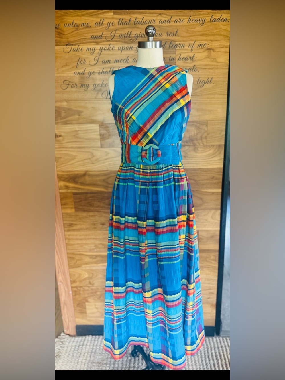 BEAUTIFUL CUSTOM MADE ONE OF A KIND VINTAGE PLAID VIBRANT BELTED MAXI DRESS SZ S